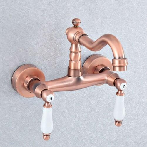 Antique Red Copper Two Ceramic Handle 2 Hole Wall Kitchen Bathroom Basin Faucet Sink Cold Hot Mixer Tap Swivel Spout 360' dsf901