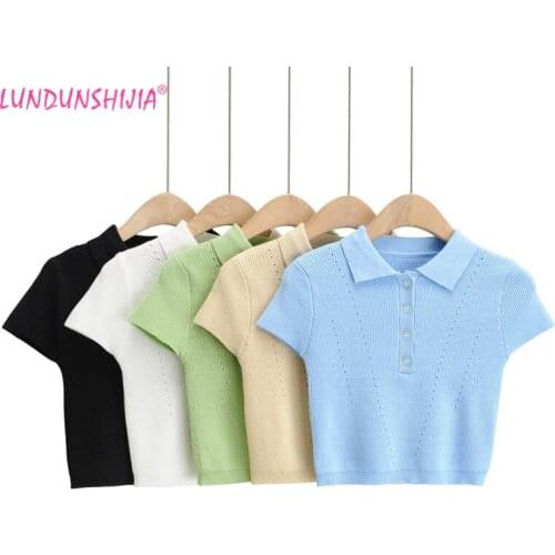 LUNDUNSHIJIA Hollow Out Cotton Knitting Crop Tops For Sexy Women 2021 Summer Female Solid Short-Sleeve Elasticity Polo T Shirt