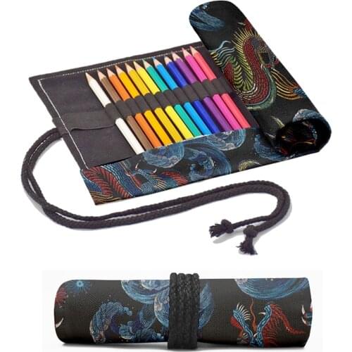 Dragon Printed Roll Pencil Case For Student 12/24/36/48/72 Holes School Canvas Pen Bag Unisex Art Drawing Stationery Pencil Bag
