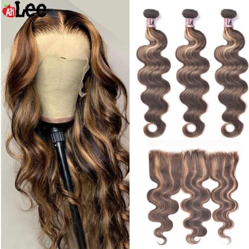 AliLee Highlight Body Wave Hair Bundles With Frontal Colored Peruvian Human Hair Bundles With Frontal 3 Bundles With Closure