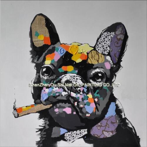 Smoking Dog Hand Painted Abstract Animals Knife Pictures On Canvas Handmade Cool Dog Wall Oil Painting for Home Decorative