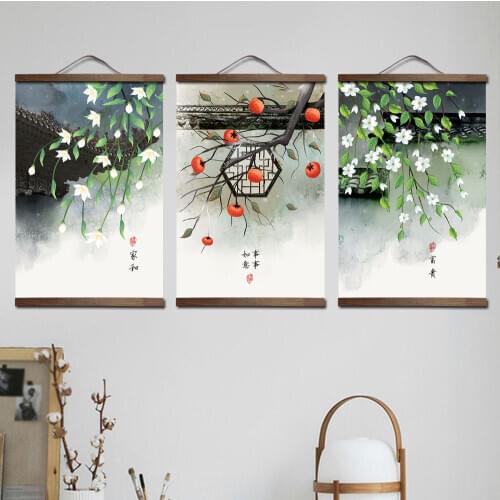 Custom chinese style green plants canvas decorative painting Store bedroom living room wall art solid wood scroll painting