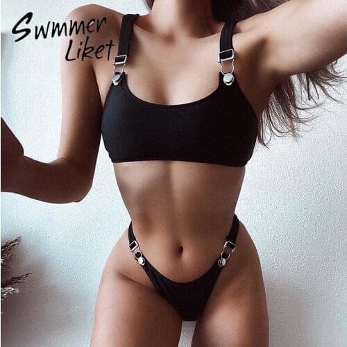 High cut bikini set Bandeau swimsuit women Buckle two piece suit Sexy swimwear female Black bathing suit biquini swim suit 2020