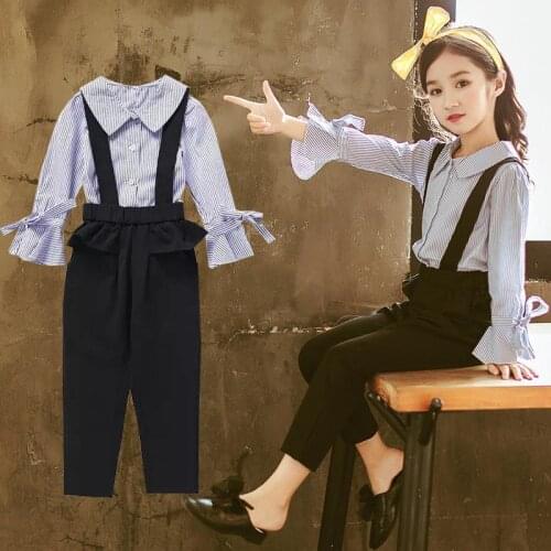 Kids Girl Clothing Set Spring Autumn Kids Flare Sleeve Striped Blouse + Jumpsuit Back To School Clothes Set 4 5 7 9 11 13 Years