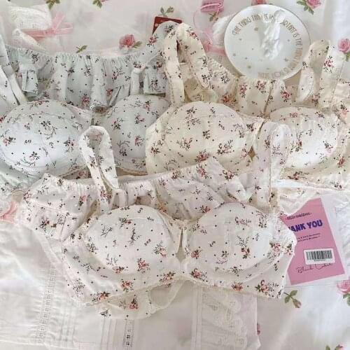 New Kawaii Floral Lingerie Bras and Panty Sets for Women Girls Seamless Lounge Underwear Cute Cotton Japanese Bra Panties Set