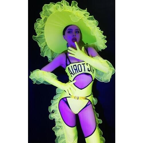 Nightclub Bar Fluorescent Green Bodysuit Crotch Pants Pole Dance Outfit Opening Show Wear Dj Ds Women Gogo Stage Costumes DN5943