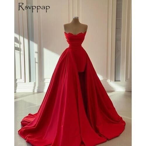 Red Long Evening Dresses 2020 Elegant Short Front Long Back Train Dubai Women Lebanon Designer Formal Party Gowns