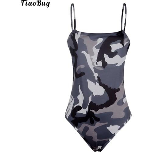 TiaoBug Summer Women One-Piece Camouflage Printed Swimsuit Spaghetti Straps Sleeveless Leotard Bodysuit Swimwear