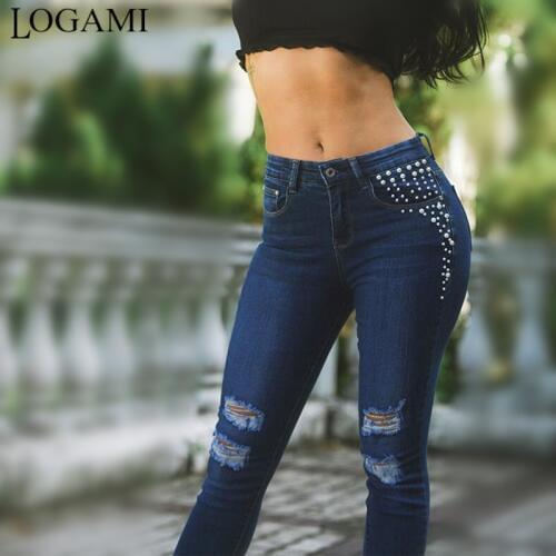 LOGAMI Vintage Pearl Studded Ripped Jeans Women`s Stretch Denim Skinny Pants Jeans For Women Trousers