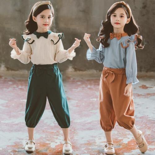 Cute Girls Clothing Sets 2020 New Style Summer Solid Blouses & Pants Baby girls Fashion Bow Shirt Kids Clothes Fashion suit