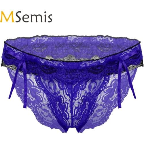 Mens Bowknot Ruffles Lingerie Sissy Panties See-through Floral Lace Low Waist Briefs Gay Malle Sexy Underpants Sissy Underwear
