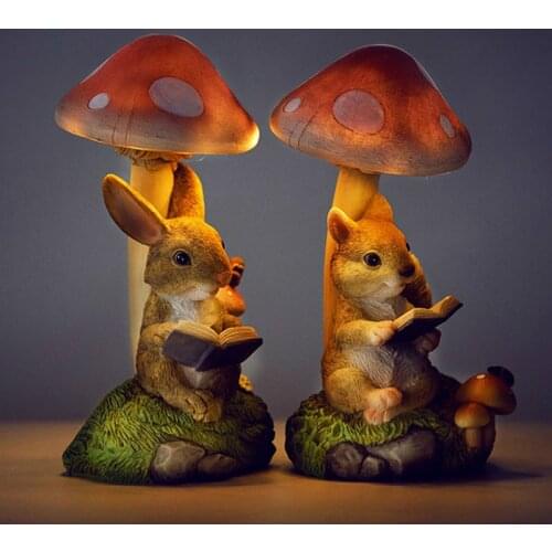 Rabbit Hedgehog Night Light Garden Decoration Mushroom Small Animal Sculpture Crafts Desktop Balcony Flower Pots Decorative Home