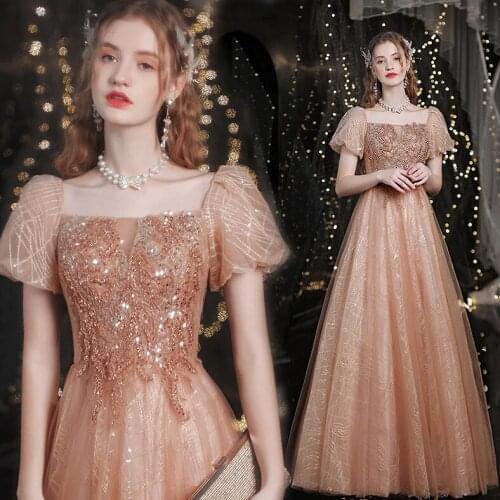 New Gold Evening Dresses Square Collar Puff Sleeves Backless Bandage Bling Sequined Beads A-Line Formal Prom Party Gowns Elegant