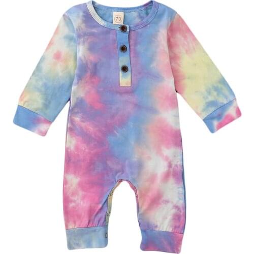 New Baby Boy Girl Button Rompers, Long Sleeve Tie Dye Print One Piece Jumpsuit Fall Warm Clothes