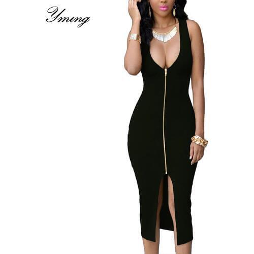 YMING Summer Sexy Women Dress Long Front Zipper Party Dresses Beach White Black Sundress Vestidos Bodycon Midi Club Dress