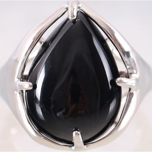 Natural Stone Heart Bead Black Onyx Ring Adjustable Finger Ring For Women Jewelry Gift CAB Cabochon Z242