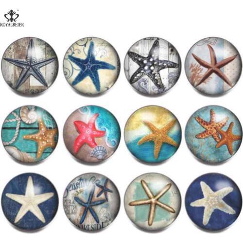 ROYALBEIER 12pcs/Lot Mixed Colorful Starfish Pattern Glass Charm 18mm Snap Button Jewelry For DIY Snaps Bracelet Jewelry KZ1189
