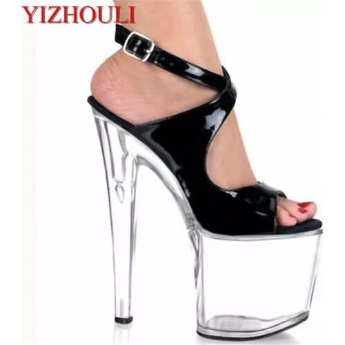 Summer strappy sandals, transparent 20 cm large size womens shoes, pole dancing performance car model runway sandals