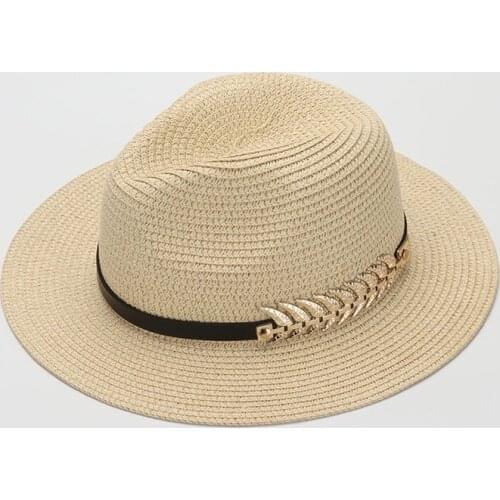 YQYXCY Summer Hats For Women Gold Leaf Chain Panama Cap Sun Hat Ladies Beach Travel Jazz Sunhat Sunshade Wide Brim Gorro Floppy