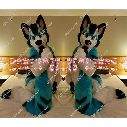 Blue Long Fur Blue Husky Dog Fox Wolf Fursuit Mascot Costume Suit Cosplay Party Game Fancy Dress Adults Parade Advertising 2019