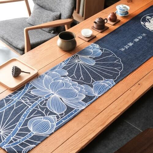 Retro style cotton linen deep blue lotus printed table runner zen style tea table tablecloth retro bed runner towel home decor