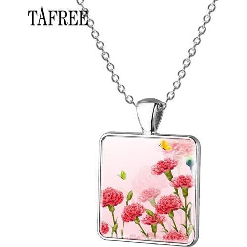 TAFREE Carnation Pattern Glass Gems Pendant Necklace Color Square Charms Flower Necklace Thank you Mom Teacher Gifts KL01