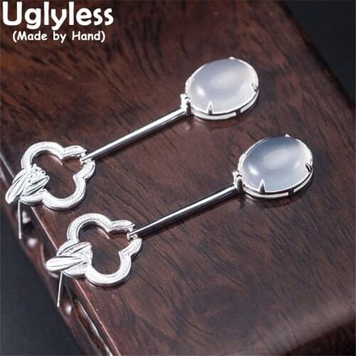 Uglyless Elegant White Chalcedony Earrings for Women Handmade Bamboo Studs Earring 925 Silver Hollow Floral Brincos Ethnic Jewel
