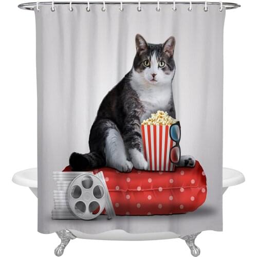 Funny Cat Popcorn Cinema Shower Curtains Bathroom Curtain Waterproof Polyester Frabic Bathroom Curtain with Hooks