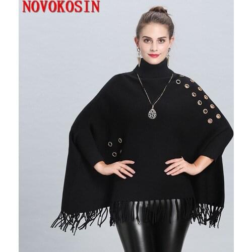2021 Women High Neck Cape Loose Hollow Button Poncho Spring Autumn Knitted Bat Sleeves Sweater Tassel Out Street Wear Pullover