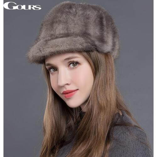 Gours Natural Mink Fur Hats for Women Winter Warm Fashion Luxurious Brand Ladies High Quality Visors Caps Black New Arrival