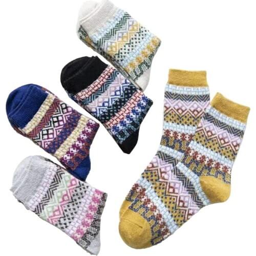 Women Thickened Winter Warm Wool Stripe Floral Print Weave Geometric Pattern Tube Socks 5 Pairs/Pack