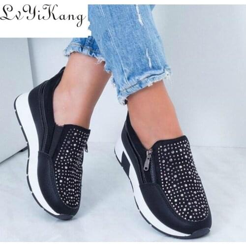 Women Crystal Sneakers Spring Autumn Casual Zipper Flat Shoes women Non-slip Breathable Outdoor Vulcanized Shoes woman