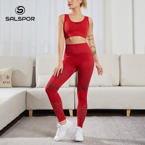 SALSPOR 2 Piece Hollow Tracksuits Women Sets Girls Shockproof Push Up Bra Women Tops Fitness Bralette Slim Breathable Quick Dry