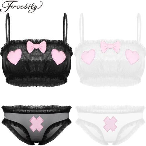 Japanese Sexy Lingerie Lolita Cute Sheer Mesh Lingerie Set Adult Cosplay Erotic Costumes Ruffled Crop Top Women Underwear Set