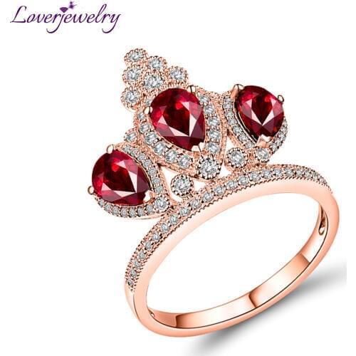 LOVERJEWELRY Diamond Rings For Women Solid 18k Rose Gold Crown Ring Natural Ruby Gemstones Party Engagement Female Gift Jewelry