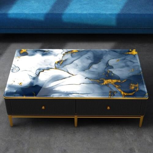 1.5mm INS Hot Sale Light Luxury Blue Gold Marble PVC Plastic Tablecloth Table Mat Crystal Plate Easy Clean Soft Glass