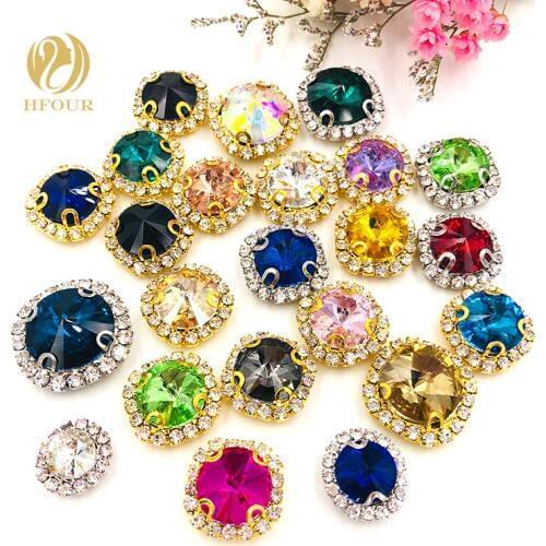 8mm/10mm/12mm/14mm/16mm Round shape glass sew on rhinestones with holes,high quality Crystal buckle