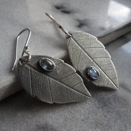 Antique Silver kyanite Leaf Drop Earrings For Women Party Club Wedding Gifts retro Long Dangle Earrings Statement Jewelry