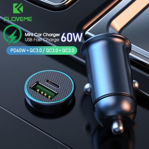 FLOVEME Car Charger PD 60W Fast USB Phone Charger QC 3.0 Quick Charge for iPhone 12 11 Dual USB Type C Charger for Xiaomi 11 10S