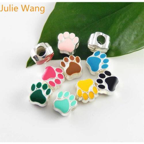 Julie Wang 40PCS Mix 10 Colors Enamel Pet Dog Cat Paw Footprint Beads Alloy Spacer Beads Necklace Bracelet Jewelry Making