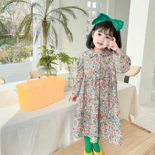 2021 Spring New Arrival Girls Long Sleeve Floral Dress Kids Korean Design Cotton Dress Kids Dress