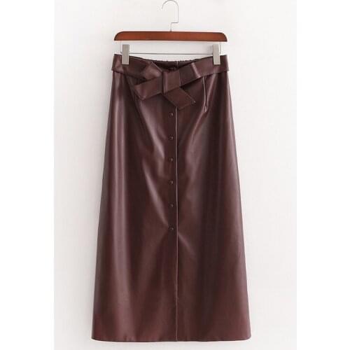 Elegant Women Claret Faux Leather Skirts 2021 Fashion Ladies Bow Elastic Waist Skirt Streetwear Female Button Skirt Chic Girl