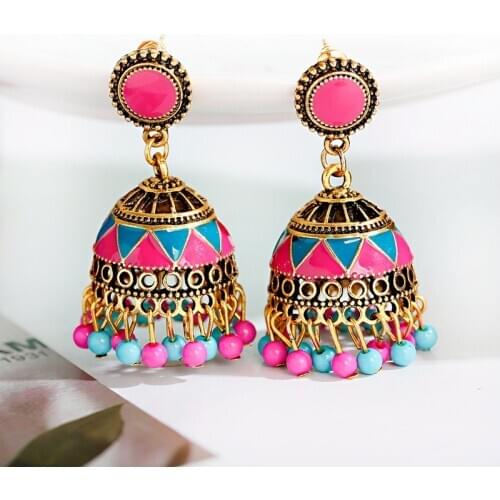 Ethnic Womens Gold Metal Oxidized Indian Earring Gypsy Vintage Bohemian Tribe Colorful BeadsTassel Drop Earrings Jhumka Jewelry