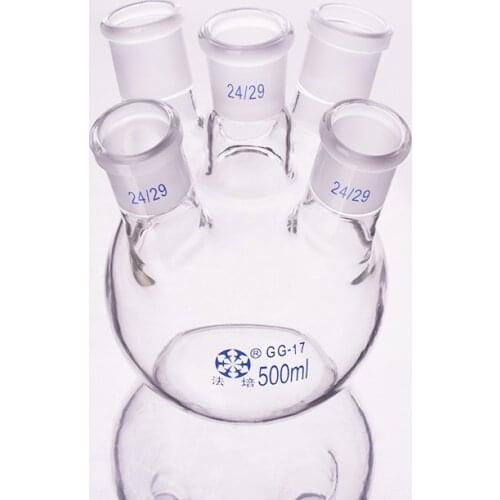 Five-necked flask oblique shape,with Five necks standard ground mouth 500ml,24/29,Five-necked flat bottom flask