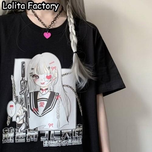 Harajuku Kawaii Short Sleeve T-shirt Women Girl Summer Tops Student Lolita Tees Gothic lolita gun Clothes T105