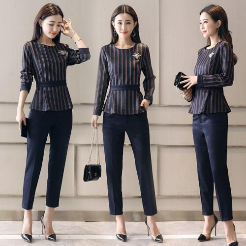 Set female spring and autumn new fashion Slim long-sleeved striped clothes +feet pants elegant casual two-piece temperament suit