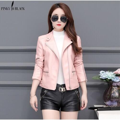 PinkyIsBlack New Women Spring Autumn Winter Black Faux Leather Jackets Women Zipper Basic Coat Stand Collar Motor Biker Jacket