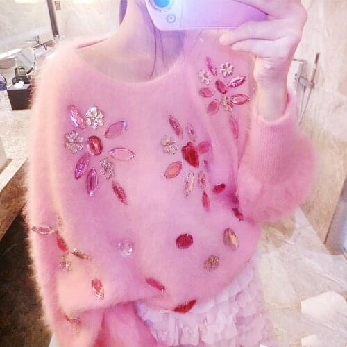 Sweet Winter Luxury Beaded Flowers Sequined Hedging Mohair Knit Pullovers Short Woolen Mink Cashmere Sweater Crop Tops Sueter