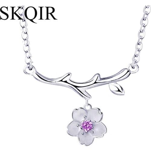 Fashion Plant Necklace For Women Silver Color Flower Copper Pendant Pink Purple Chain Choker Couple Wedding Anniversary Gift