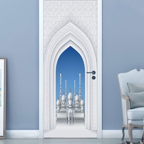 Muslim Style Great Mosque of Mecca DIY Door Art Mural Sticker Home Decor Living Room Door Wall Stickers Self-adhesive Wallpaper
